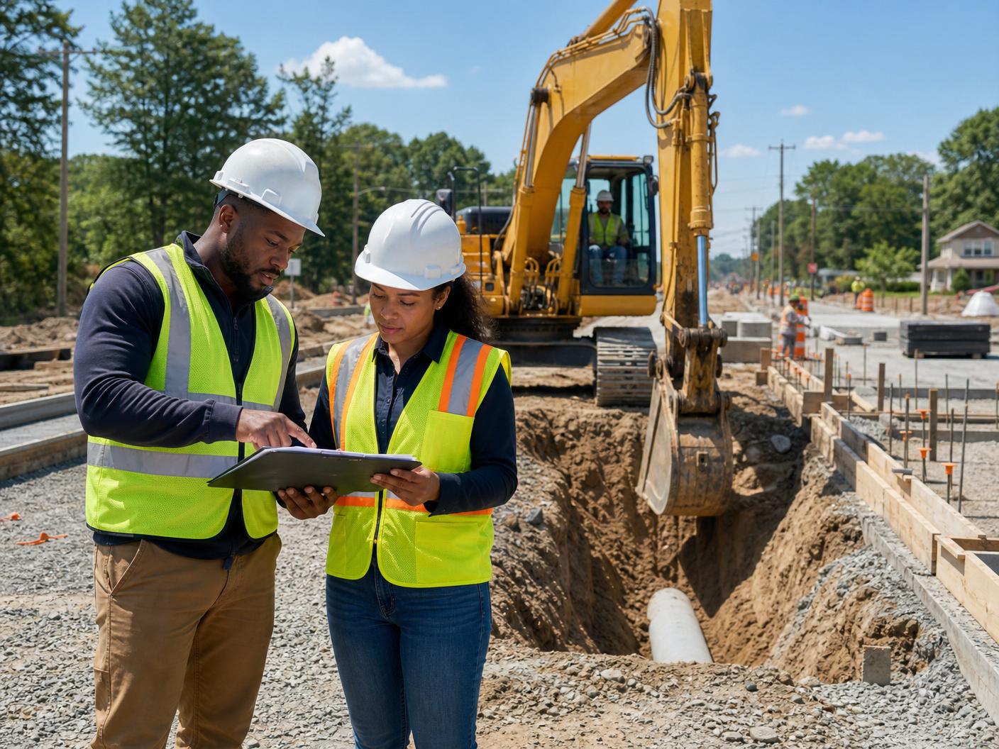 Ascend Quality Contracting project leaders coordinating excavation and utility work at an active construction site